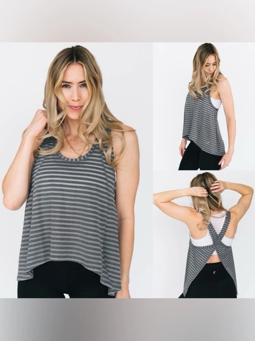 ZYIA Gray Striped Athletic Tank Top Criss Cross Back Lightweight Workout Size S - Picture 4 of 5